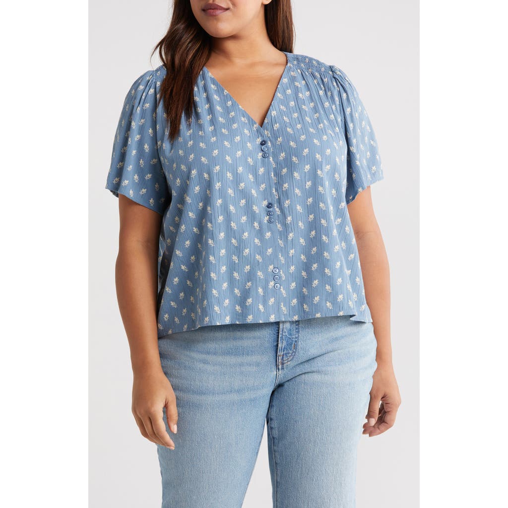 Treasure & Bond Cotton Blend Button-up Top In Blue B- Ivory Evelyn Floral