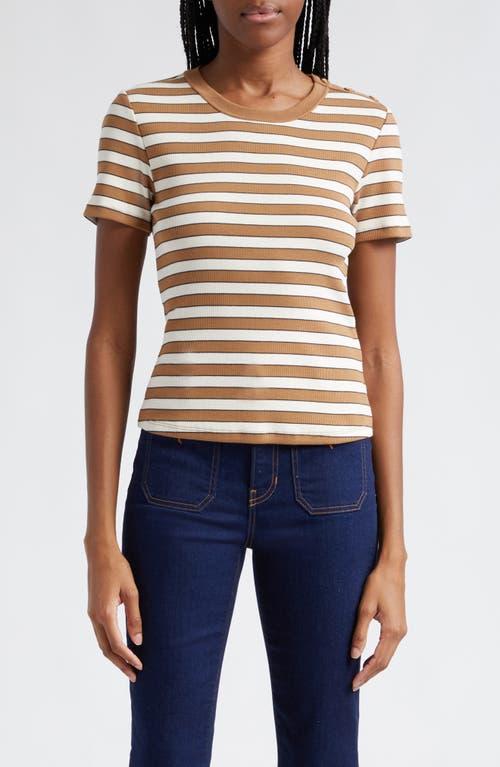 Veronica Beard Draya Stripe Rib Stretch Cotton Top in Camel Multi at Nordstrom, Size X-Small