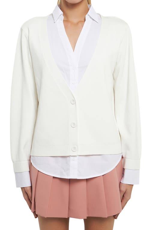 English Factory Mixed Media Layered Cardigan In Cream/white