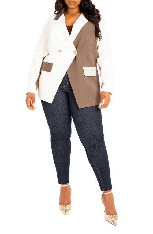 Buxom Couture Plus Size Contrast Double Breasted Blazer In Brown