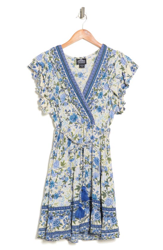 Angie Floral Surplice Neck Ruffle Sleeve Dress In Ivory-periwinkle