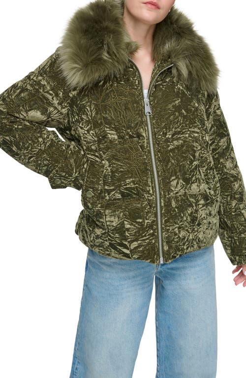 Andrew Marc Charleroi Faux Fur Collar Down & Feather Fill Velvet Puffer Jacket In Forest