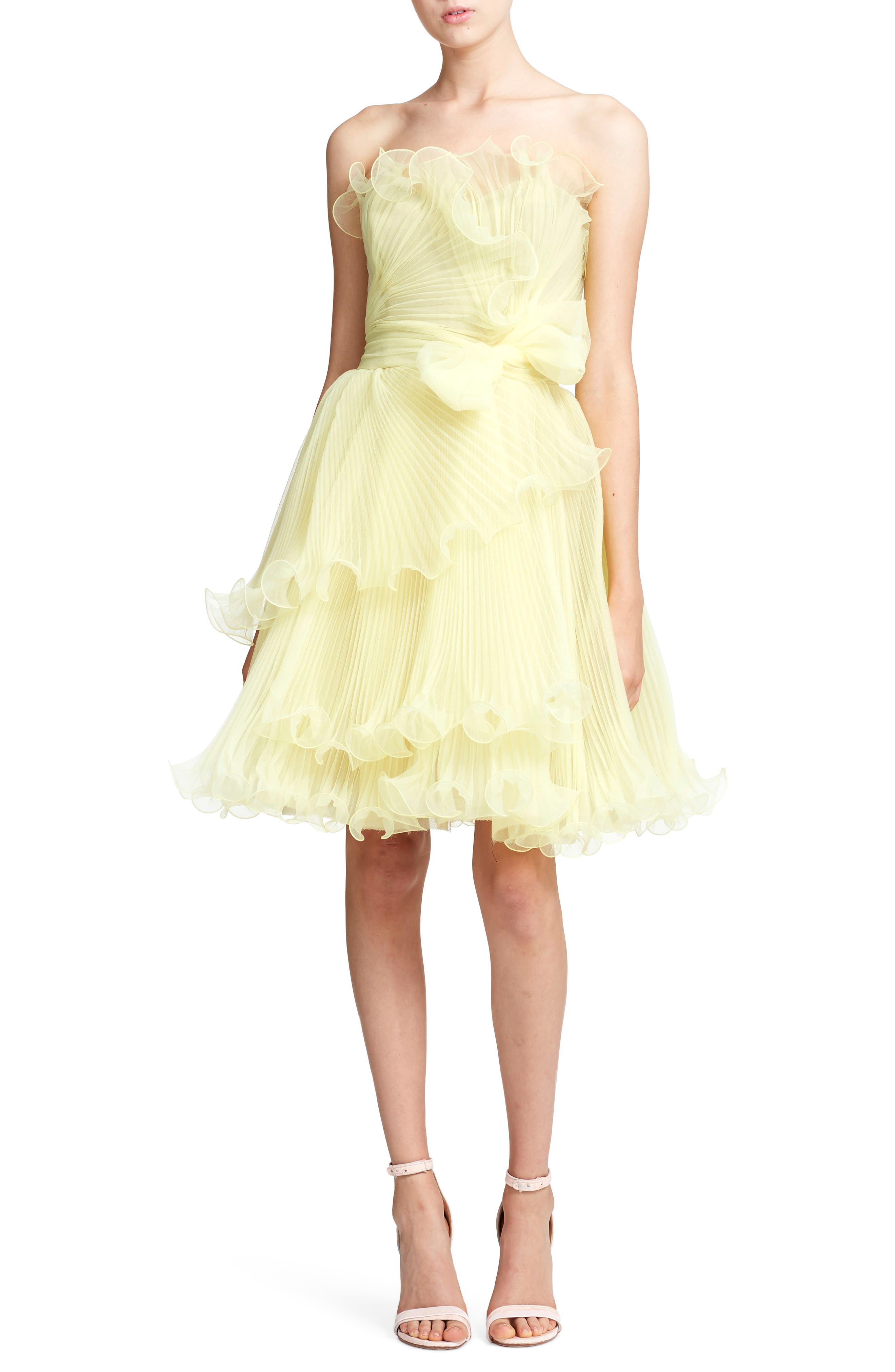 Marchesa Ruffle Trim Pleated Strapless Organza Cocktail Dress, Yellow