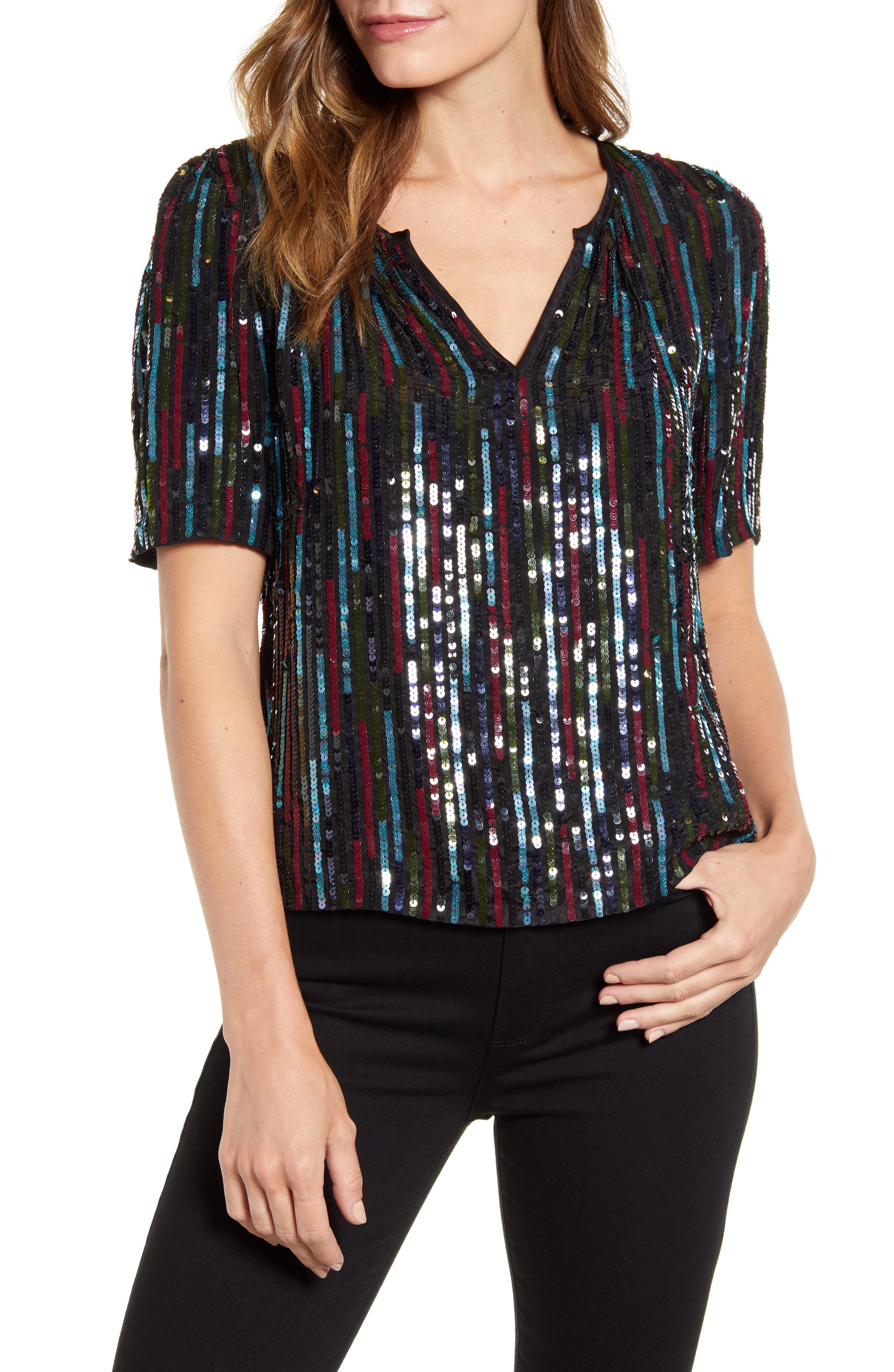 black sequin short sleeve top