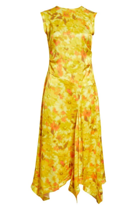 Shop Acne Studios Difella Blurred Flower Satin Midi Dress In Yellow