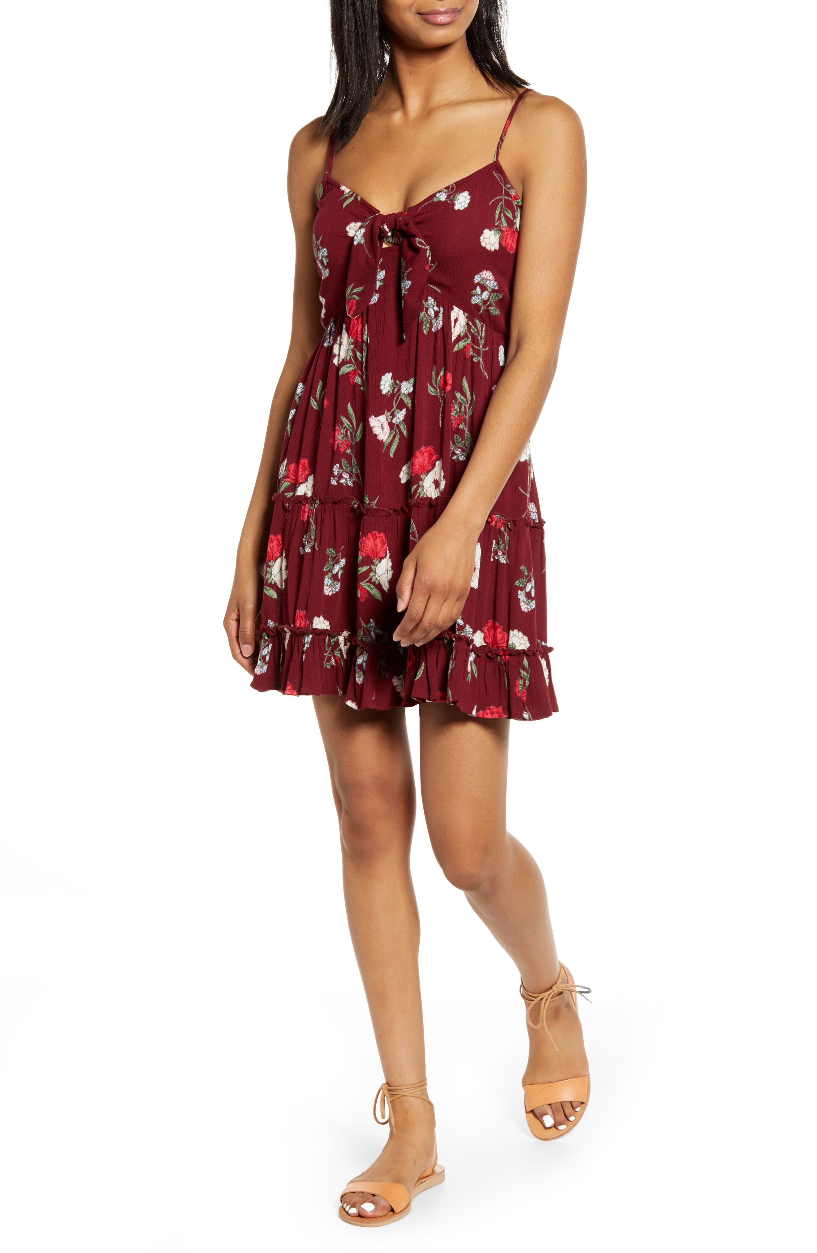 Band Of Gypsies Floral Print Tie Front Dress, Burgundy