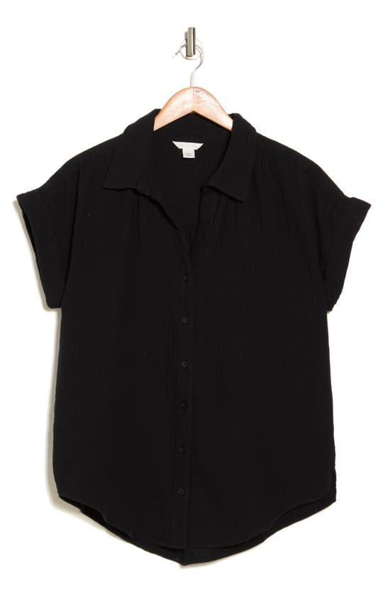 Caslon Short Sleeve Cotton Gauze Button-up Shirt In Black