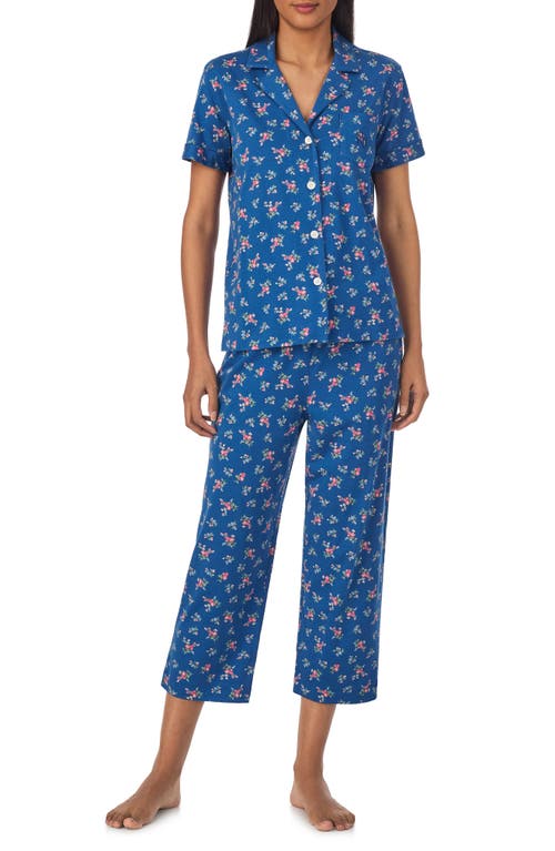 Shop Lauren Ralph Lauren Floral Cotton Blend Crop Pajamas In Navy Print