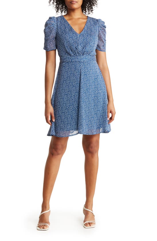 Dkny Puff Sleeve Fit & Flare Dress In Deep Sea/ Cream