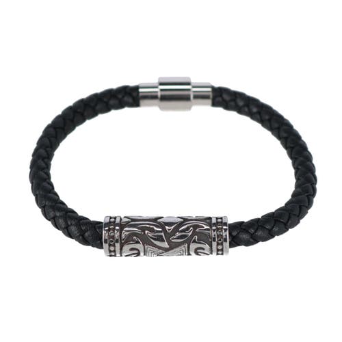 Shop Trafalgar Loose Fit Silver Filigree Pattern On Black Leather Bracelet