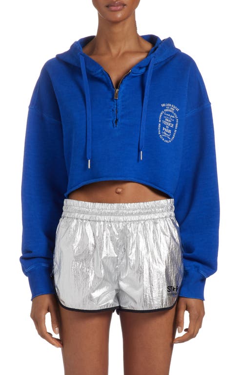 Shop Golden Goose Crop Cotton French Terry Logo Graphic Hoodie In Mazarine Blue/heritage White