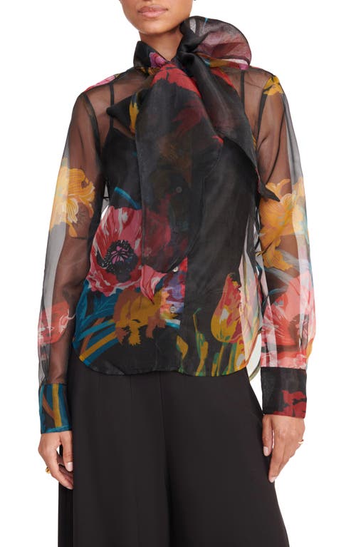 STAUD Maryn Floral Print Tie Neck Organza Shirt First Bloom at Nordstrom,