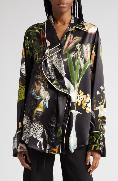 Mixed Print Silk Pajama Blouse in Black Print