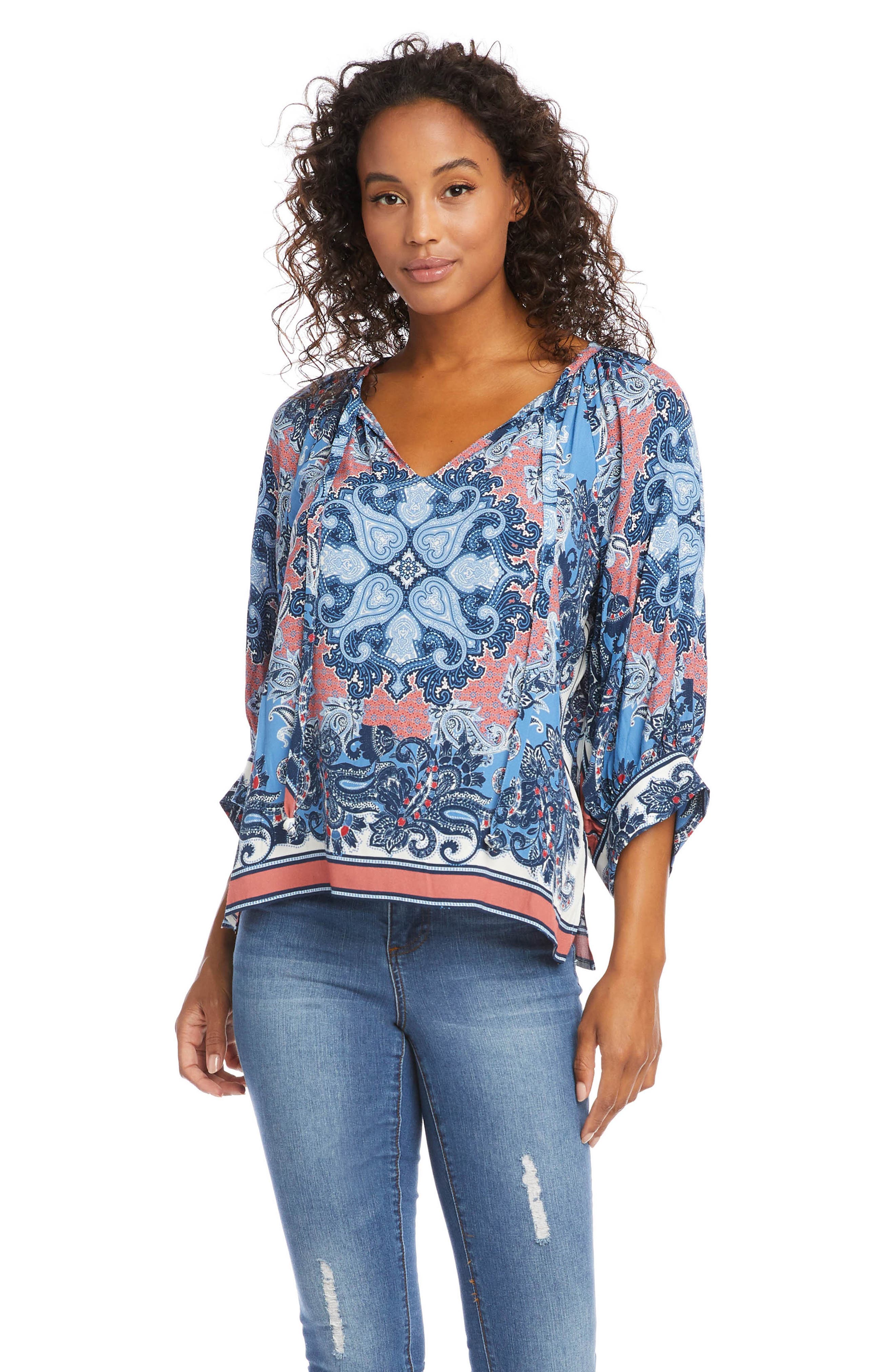 Lucky Brand Womens Printed Three-Quarter Sleeves Pullover Top