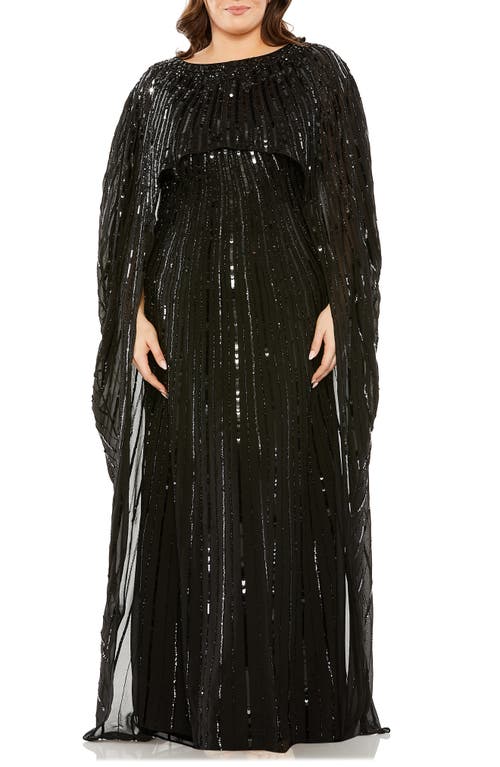 Sequin Long Sleeve Cape Overlay Gown in Black