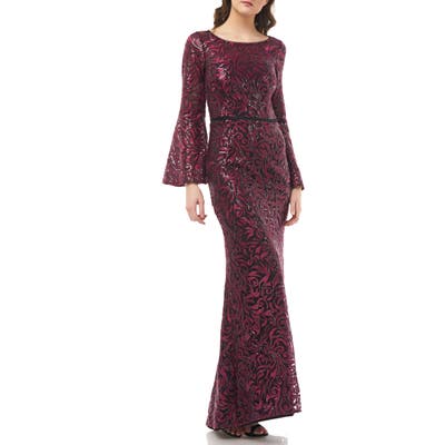 Carmen Marc Valvo Infusion Sequin Embroidered Trumpet Gown, Red