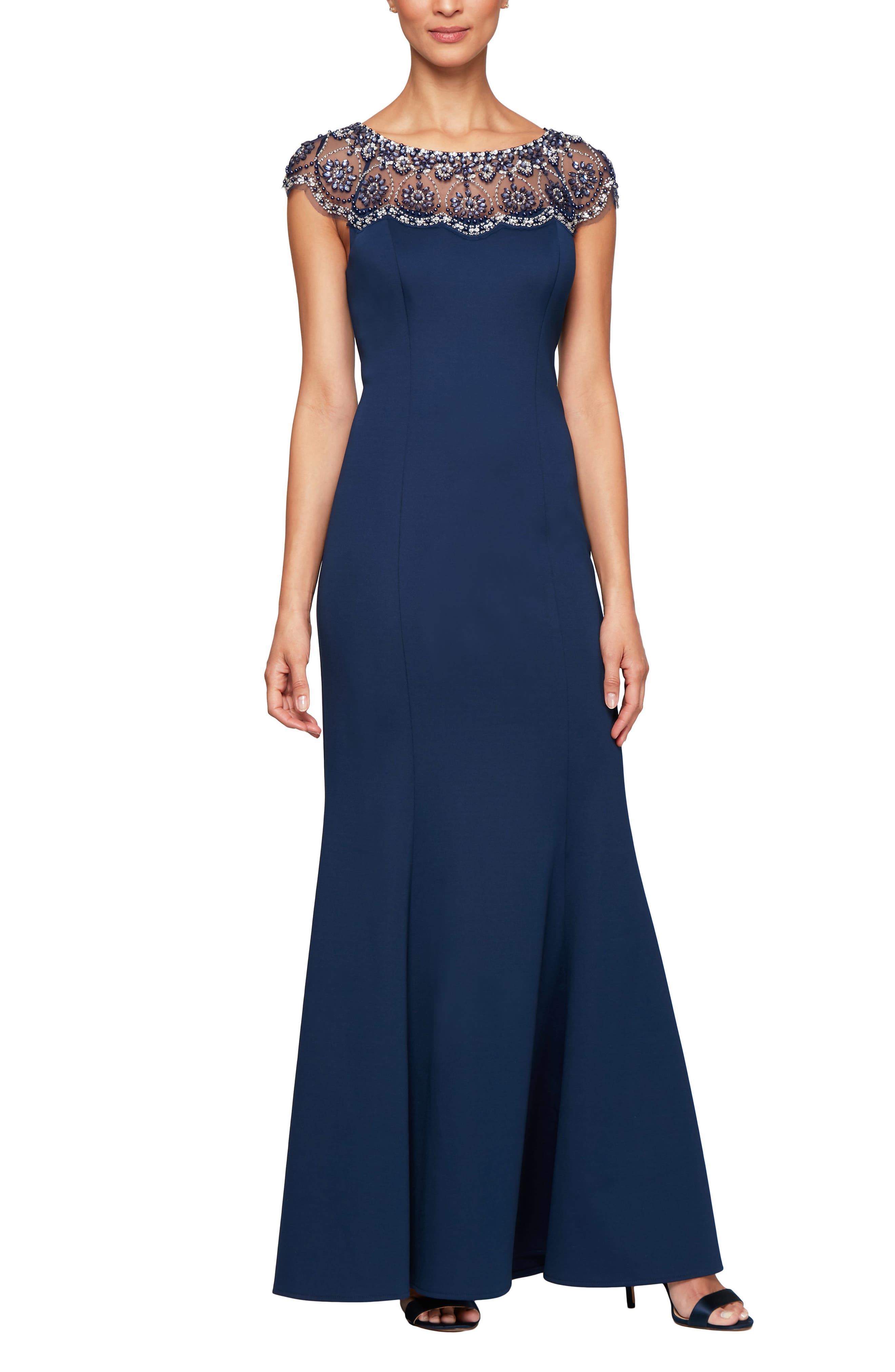 Alex Evenings Beaded Illusion Neck Trumpet Gown, Blue