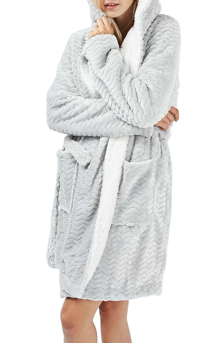 TOPSHOP Teddy Hooded Chevron Robe, Main, color, 020