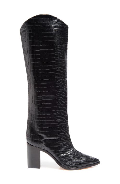 Schutz Maryana Pointed Toe Block Heel Knee High Boot In Black/black Snake Embossed