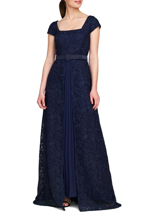 Shop Kay Unger Claudia Belted Pleated Lace Gown In Midnight