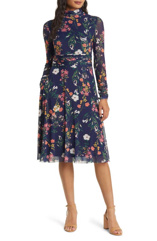 Eliza J Floral Long Sleeve Mesh Dress Navy Multi at Nordstrom,