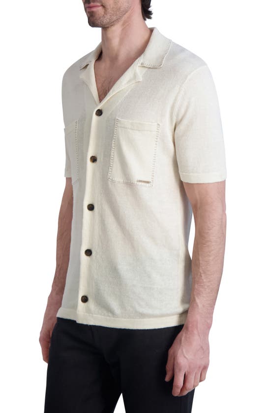 Shop Karl Lagerfeld Stitch Detail Linen Short Sleeve Cardigan In Natural