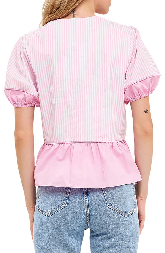 Shop English Factory Contrast Stripe Puff Sleeve Top In Pink Multi