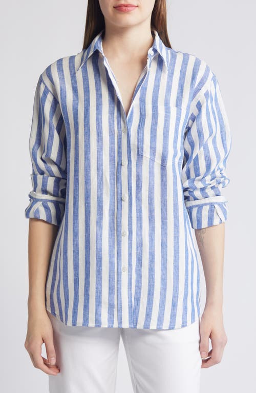 Connie Stripe Linen Button-Up Shirt in Cobalt Stripe