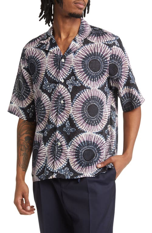 Shop Officine Generale Officine Générale Eren Medallion Print Short Sleeve Button-up Camp Shirt In Dknavy/blue/plumwine