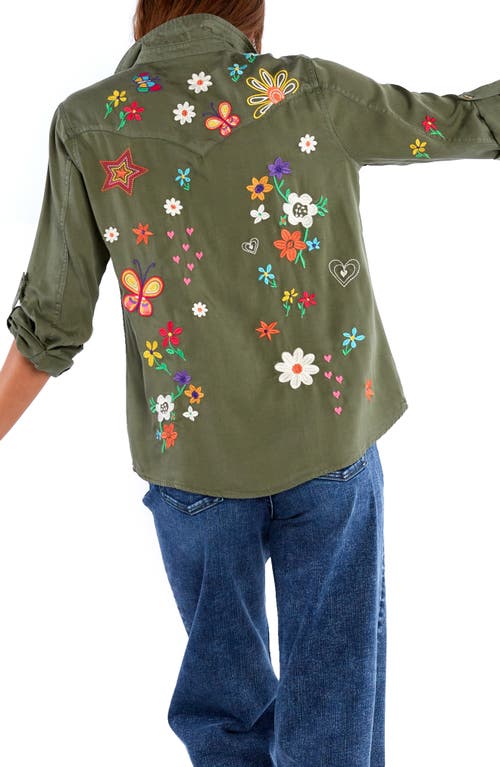 Billy T Sketchbook Embroidered Denim Shirt In Soft Olive