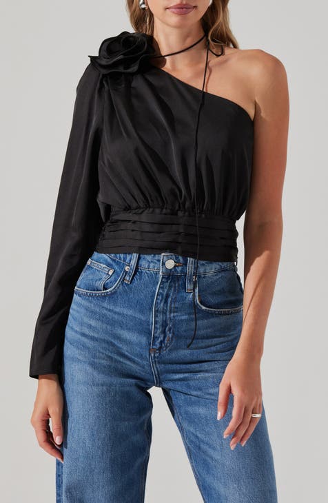 Flower Corsage One-Shoulder Top