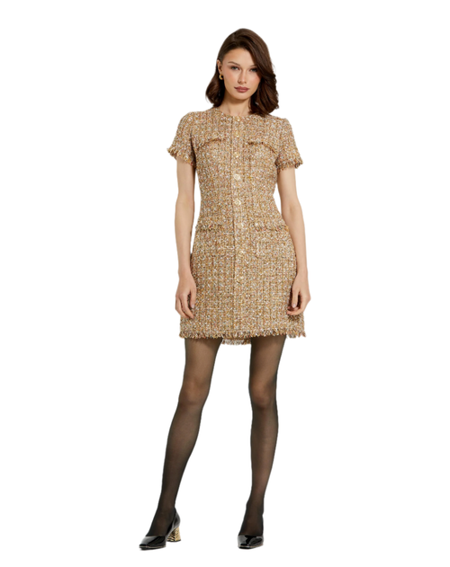 Shop Mac Duggal Boucle Short Sleeve Button Down Mini Dress With Pockets In Latte Multi