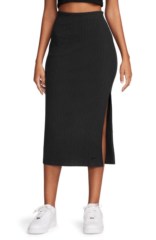 Nike Side Slit Rib Midi Skirt In Black/black