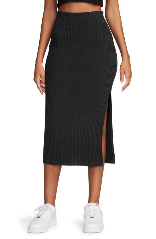 Shop Nike Side Slit Rib Midi Skirt In Black/ Black