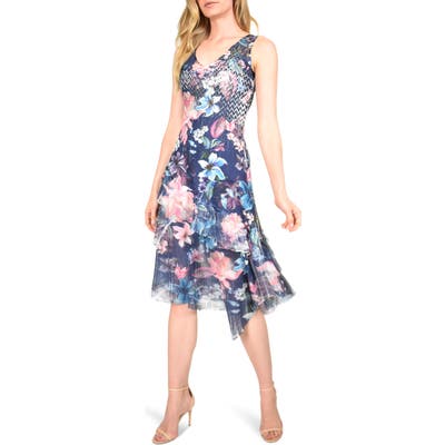 Komarov Ruffle Trim Sleeveless Charmeuse Midi Dress, Blue