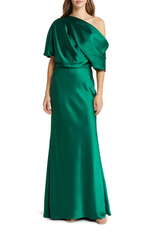One-Shoulder Fluid Satin Gown in Emerald