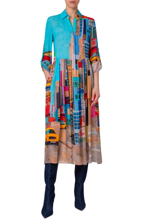 NYC Paper Collage Print Long Sleeve Georgette Midi Shirtdress in Blue Multicolor