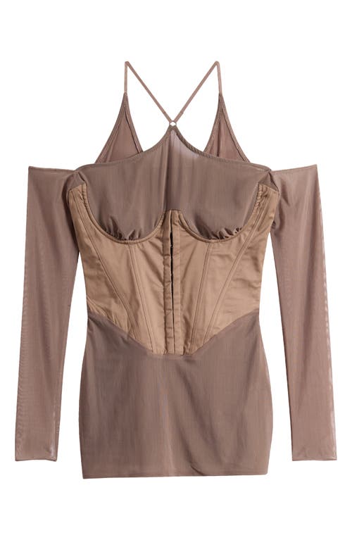Mistress Rocks Off The Shoulder Long Sleeve Corset Minidress In Dusty Brown