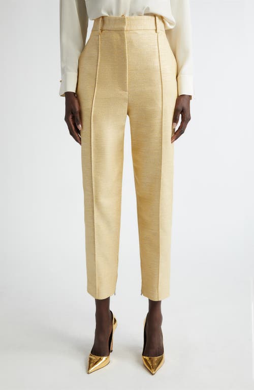 St John High-rise Slim-leg Ankle Zip-hem Metallic Twill Pants In Silver/sunflower Multi