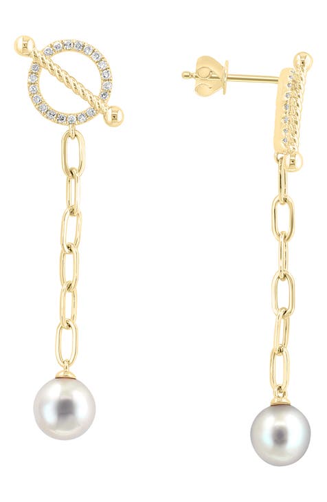 14K Gold Diamond & Freshwater Pearl Drop Earrings - 0.24ct.