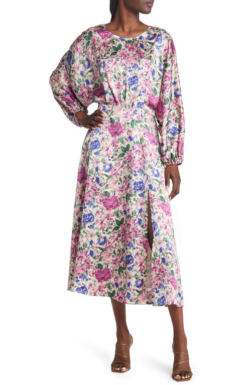 FLORET STUDIOS Floral Print Long Sleeve Satin Dress in Cream Floral