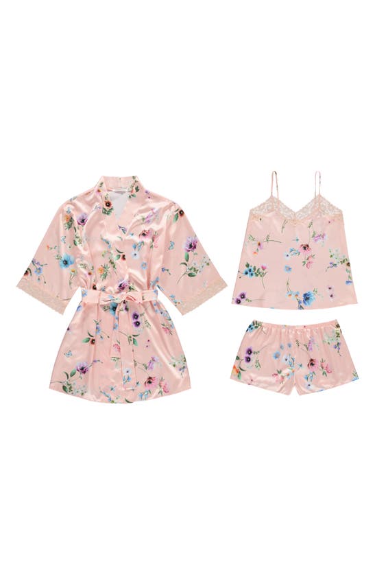 Shop Flora Nikrooz Sabrina Floral Print Satin Short Pajamas & Robe Set In Peach