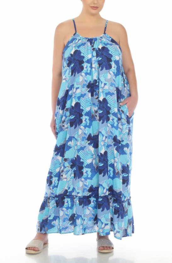 Boho Me Scoop Neck Spaghetti Strap Floral Print Maxi Dress In Patch Blue