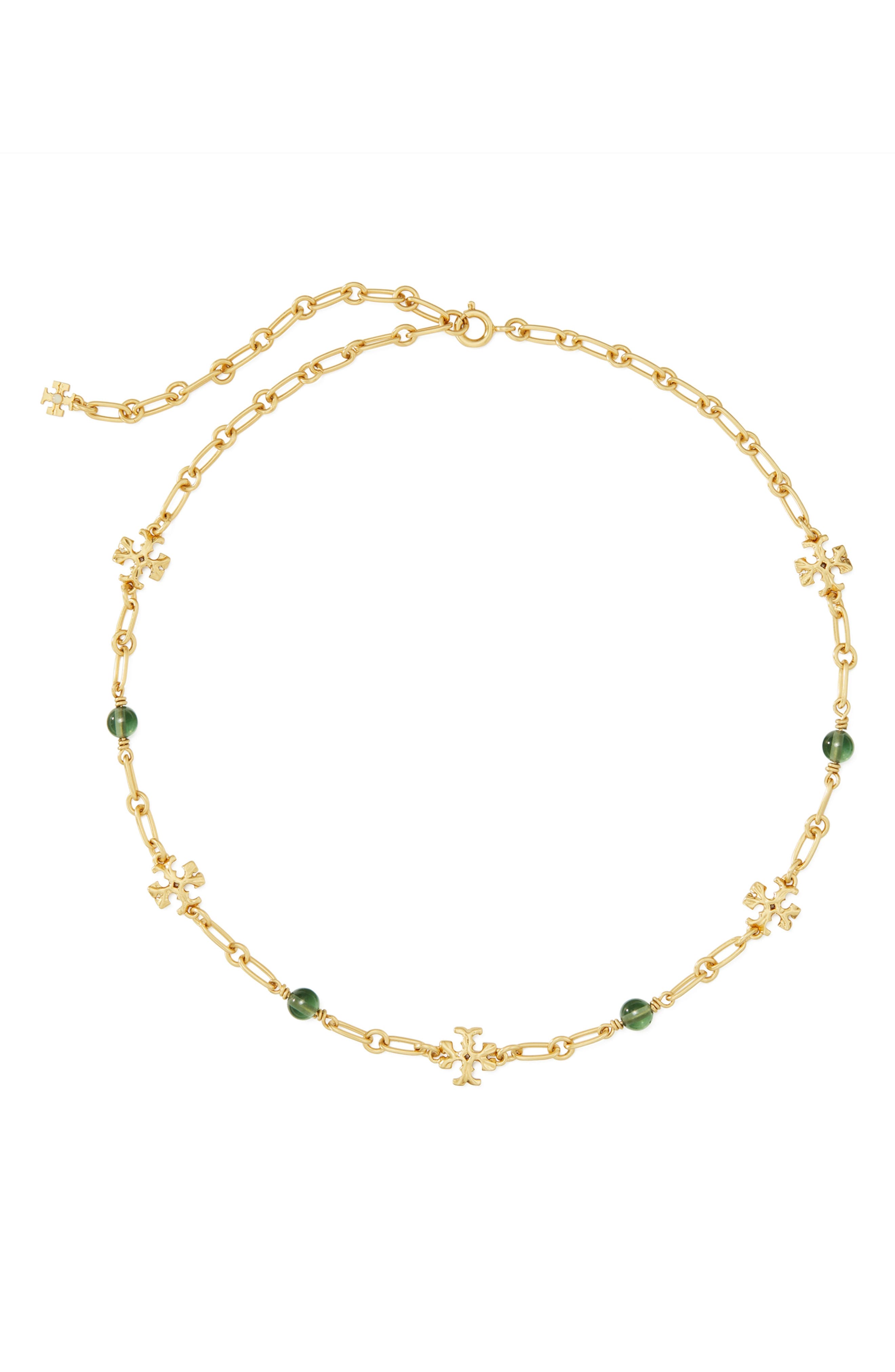 Tory Burch Roxanne Delicate Station Necklace in Rolled Tory Gold /Green