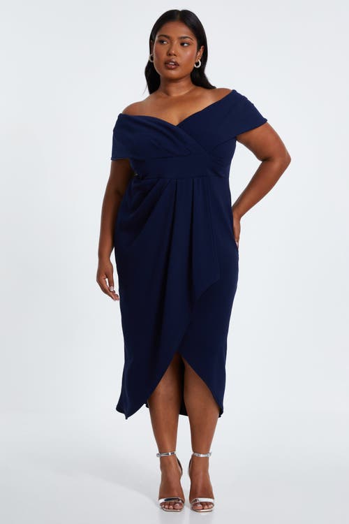 Quiz Plus Size Bardot Pleated Detail Midi Dress In Navy