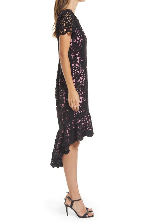 Shop Shani Laser Cut Floral High-low Cocktail Dress In Black/pink