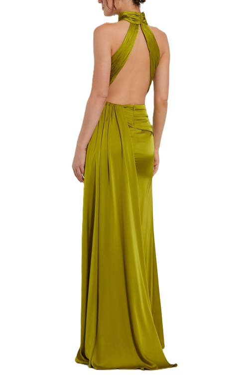 Mac Duggal Open Back High Neck Side Ruched Gown In Olive