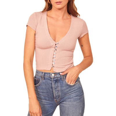 Reformation Nella Button Front Ribbed V-Neck Top, Pink