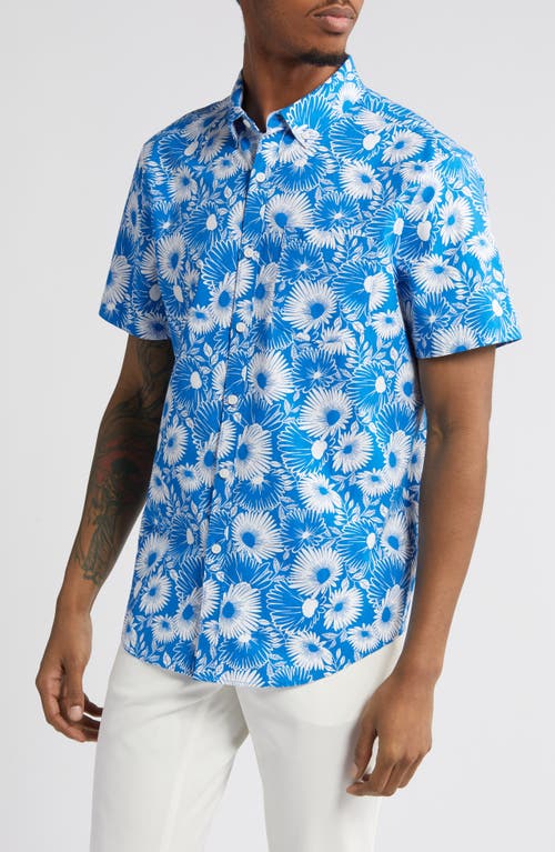 Floral Short Sleeve Stretch Button-Down Shirt in Skydiver