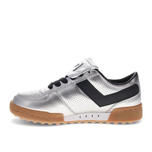 Pony Mens Linebacker Metallic Genuine Leather Premium Lace Up Athletic Sneaker Shoe In Silver/black